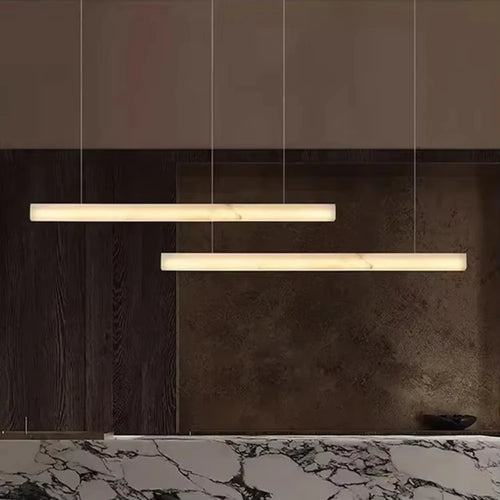 Natural Marble Rectangle LED Chandelier with Luxury Copper Accents