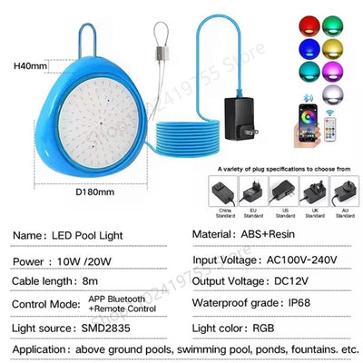 Smart RGB LED Underwater Pool Light – IP68 Waterproof with App & Remote Control