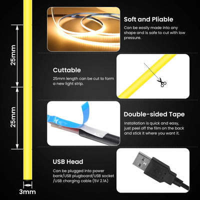 High-Density COB LED Strip Light – 3mm / 5mm, 12V–24V Dimmable