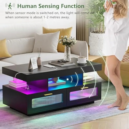 LED Coffee Table with Charging Station, Modern Low Coffee Tables with Auto RGB Lights, Smart Acrylic Center Tea Table for Living