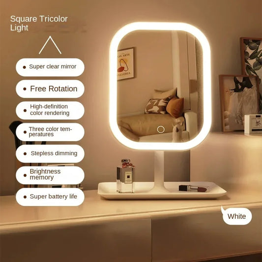 Women's Bedroom Dressing Mirror, Modern Desktop Vanity Mirror 3 Color Light LED Makeup Mirror Touching Mirror