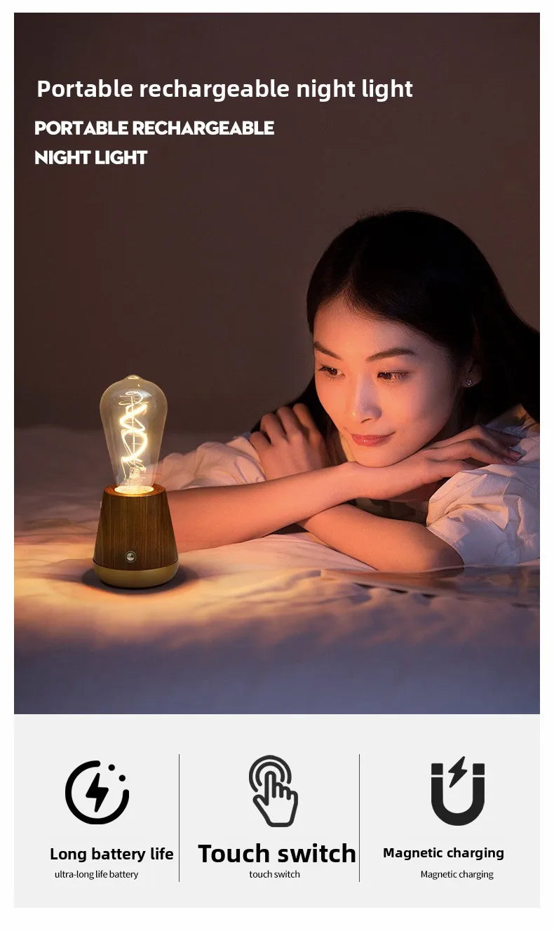 Portable rechargeable retro walnut desk lamp, bedside bedroom night lamp, charging desk lamp