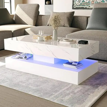 Modern High Gloss White LED Coffee Table with Storage Drawers and Multicolor Lighting