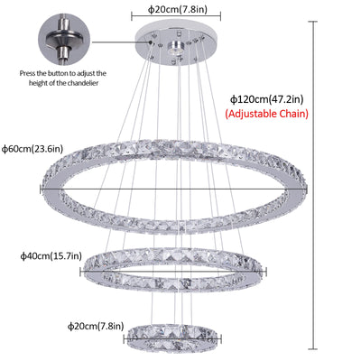Luxury 3-Ring Crystal LED Kitchen Ceiling Light – Adjustable Color Modes