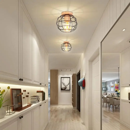 Modern Japanese Style Wood & Iron Ceiling Light – Vintage Cage Design