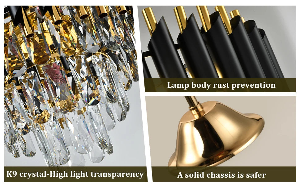 A modern crystal LED chandelier featuring a 3-story design, premium stainless steel accents, and bright ambient illumination for stylish residential or commercial spaces.