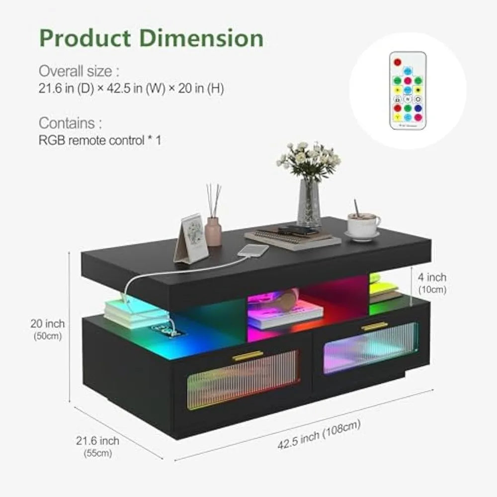 LED Coffee Table with Charging Station, Modern Low Coffee Tables with Auto RGB Lights, Smart Acrylic Center Tea Table for Living