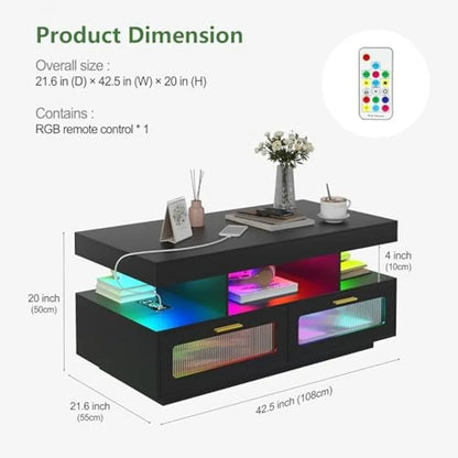 LED Coffee Table with Charging Station, Modern Low Coffee Tables with Auto RGB Lights, Smart Acrylic Center Tea Table for Living