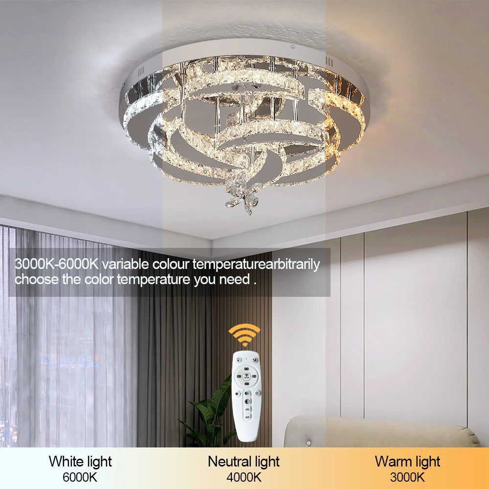 Crystal Modern LED Ceiling Lamp with Adjustable Light Modes and Chrome Finish