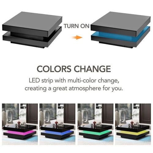 ONTREND LED Coffee Table – High Gloss 2-Tier Square Center Table