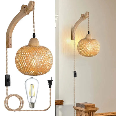 Bamboo Lantern Wall Lamp – Hand-Woven E27 Wicker Light