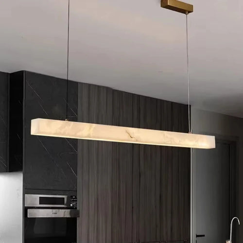 Natural Marble Rectangle LED Chandelier with Luxury Copper Accents