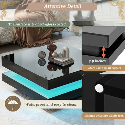 ONTREND High Gloss Minimalist Design with LED Lights 2-Tier Square Coffee Table Center Table for Living Room 31.5''x31.5''x14.2