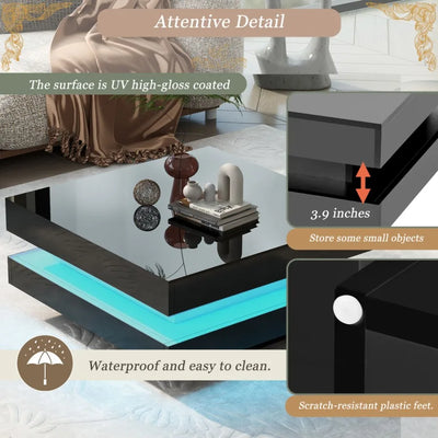 ONTREND LED Coffee Table – High Gloss 2-Tier Square Center Table