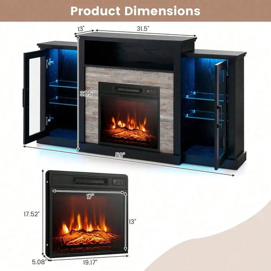 Fireplace TV Stand with LED Lights – 18″ Electric Fireplace for TVs up to 65″