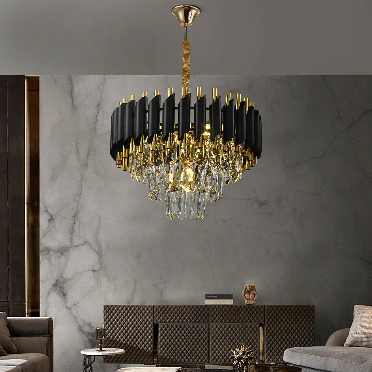 A modern crystal LED chandelier featuring a 3-story design, premium stainless steel accents, and bright ambient illumination for stylish residential or commercial spaces.