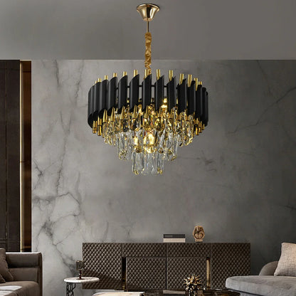 A modern crystal LED chandelier featuring a 3-story design, premium stainless steel accents, and bright ambient illumination for stylish residential or commercial spaces.