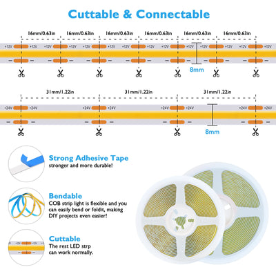 COB LED Strip Light 528LEDs/m – Ultra Bright 12V/24V