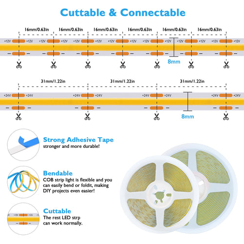 COB LED Strip Light 528LEDs/m – Ultra Bright 12V/24V