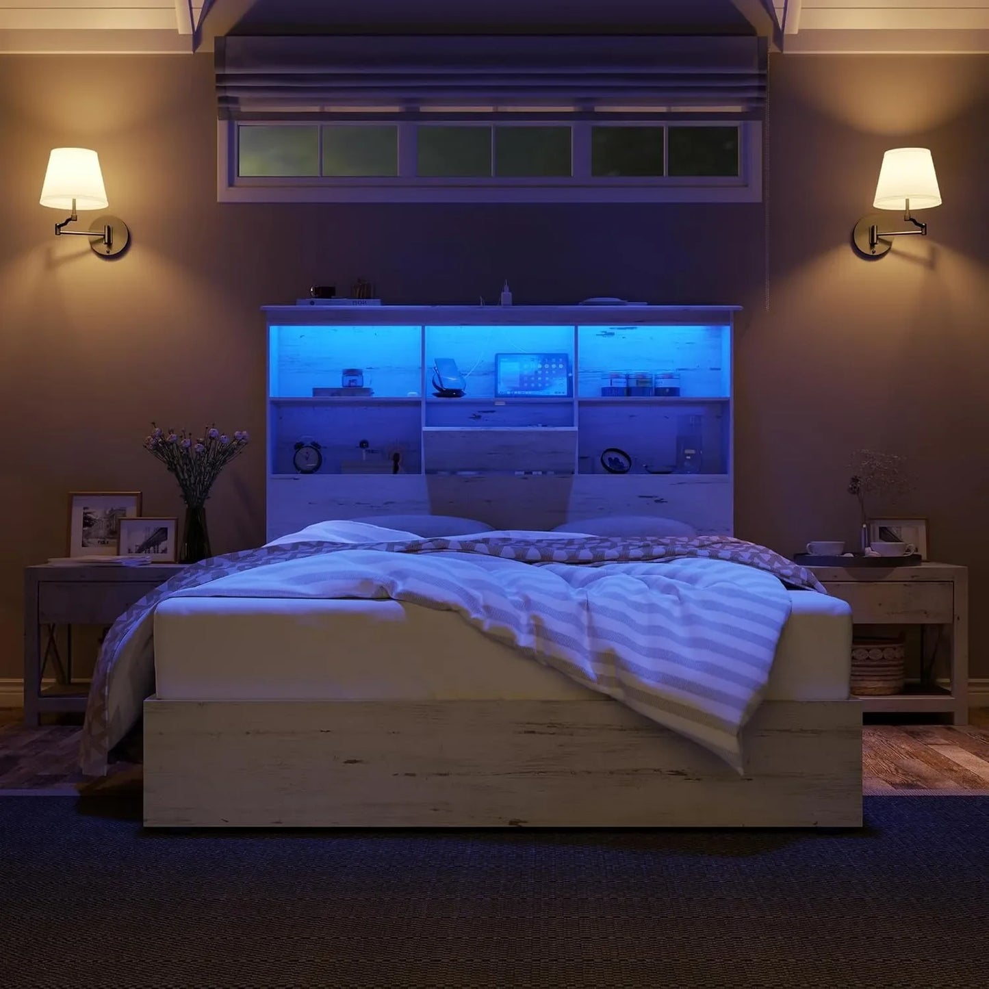 Large wooden platform bed with 51.2-inch LED storage bookshelf headboard, 4 storage drawers, and charging station/white