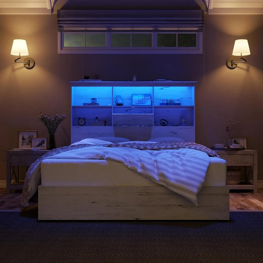 Large Wooden Platform Bed with LED Bookshelf Headboard