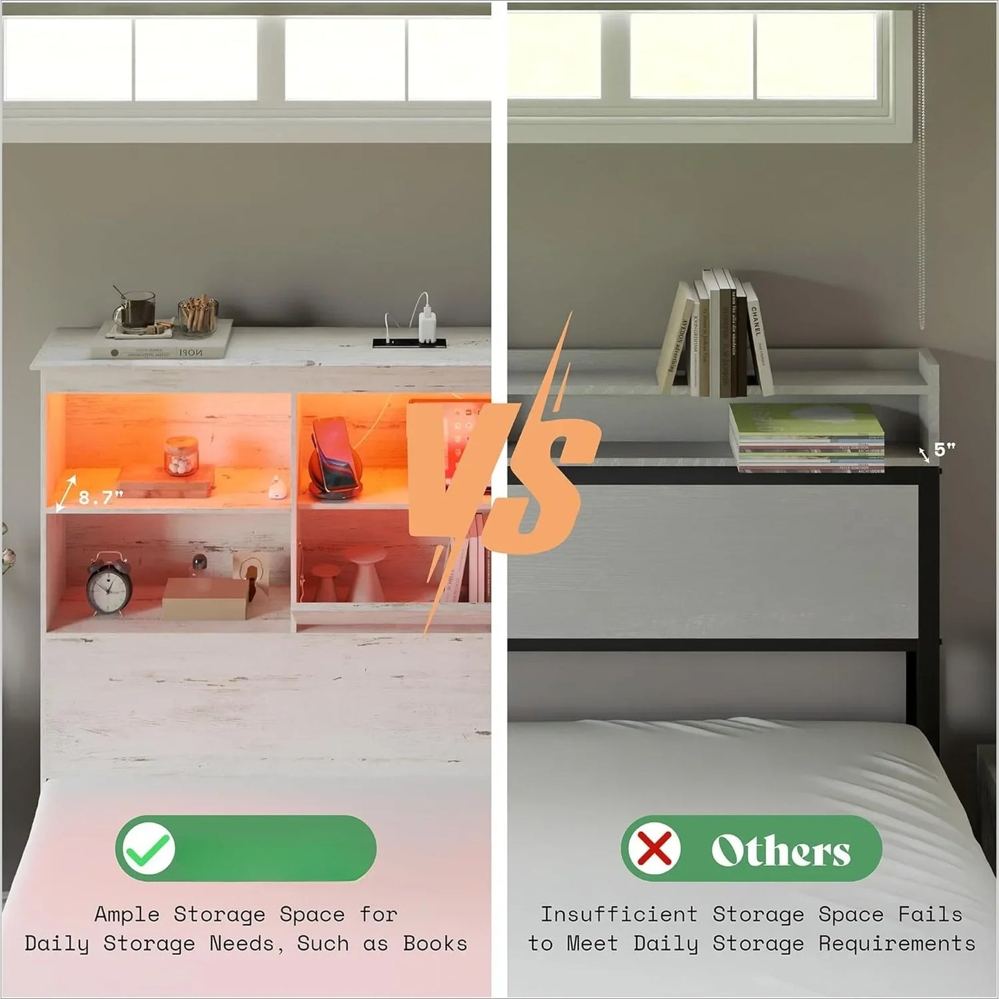 Large wooden platform bed with 51.2-inch LED storage bookshelf headboard, 4 storage drawers, and charging station/white