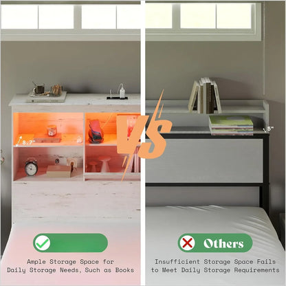 Large wooden platform bed with 51.2-inch LED storage bookshelf headboard, 4 storage drawers, and charging station/white