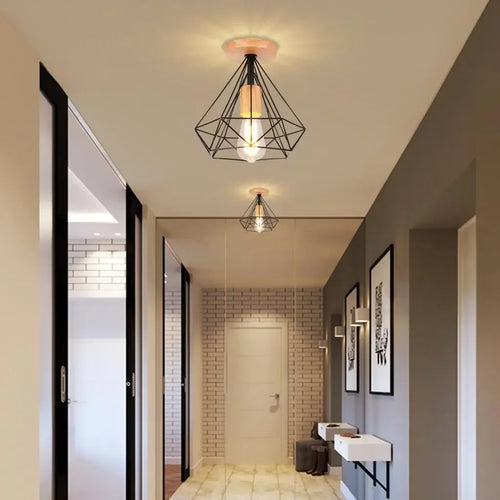 Modern Japanese Style Wood & Iron Ceiling Light – Vintage Cage Design