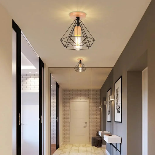 Modern Japanese Style Wood & Iron Ceiling Light – Vintage Cage Design