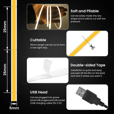 High-Density COB LED Strip Light – 3mm / 5mm, 12V–24V Dimmable