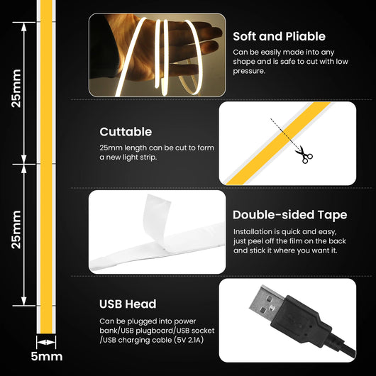 High-Density COB LED Strip Light – 3mm / 5mm, 12V–24V Dimmable
