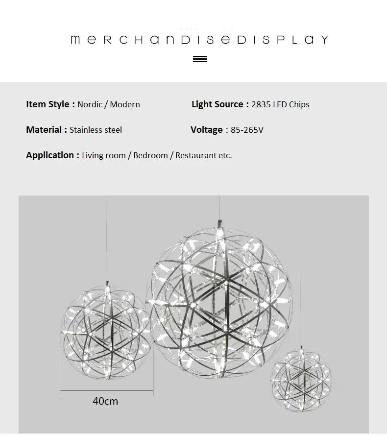 Modern Brief Loft Spark Ball LED Chandelier Fixture Firework Ball Stainless Steel Pendant Lamp for Home Decor Lighting 110-240V