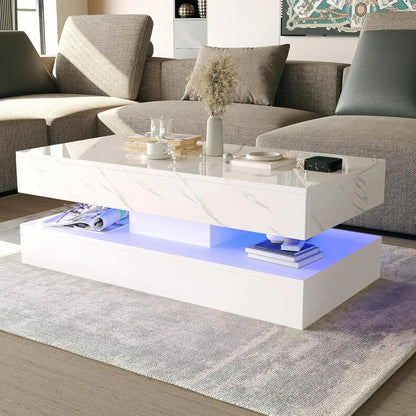 Modern High Gloss White LED Coffee Table with Storage Drawers and Multicolor Lighting