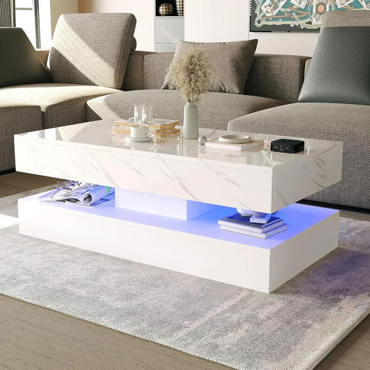 Modern High Gloss White LED Coffee Table with Storage Drawers and Multicolor Lighting
