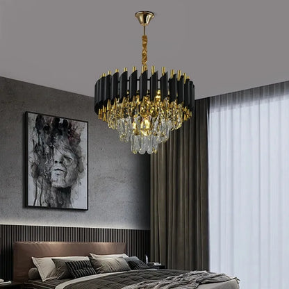 A modern crystal LED chandelier featuring a 3-story design, premium stainless steel accents, and bright ambient illumination for stylish residential or commercial spaces.