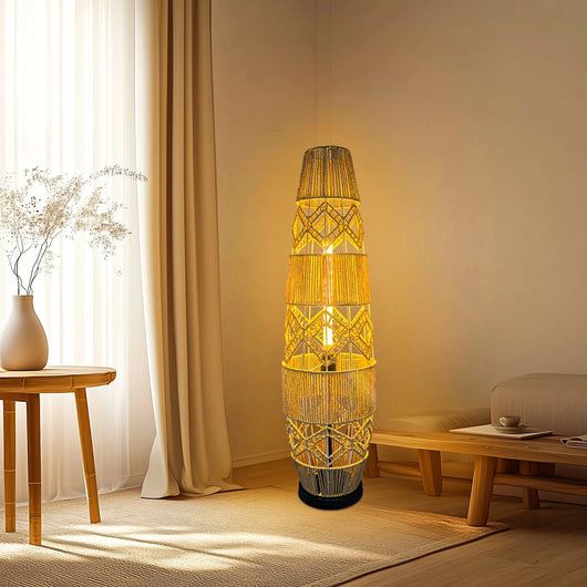 Boho Rattan Floor Lamp with LED Light Bar – Corner Reading Lamp
