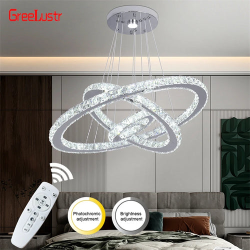 Modern Crystal Rings LED Chandelier Indoor Luxury Ceiling Lamp Dimming &amp; Remote Control Pendant Lighting Chrome Lustre Fixtures