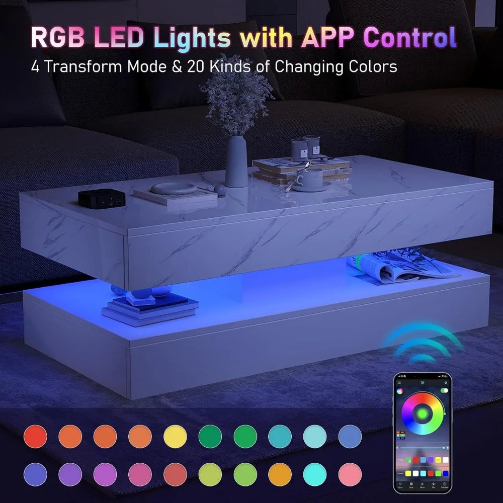 Modern High Gloss White LED Coffee Table with Storage Drawers and Multicolor Lighting