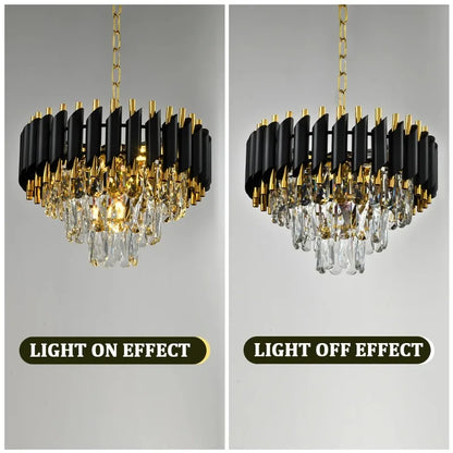 A modern crystal LED chandelier featuring a 3-story design, premium stainless steel accents, and bright ambient illumination for stylish residential or commercial spaces.