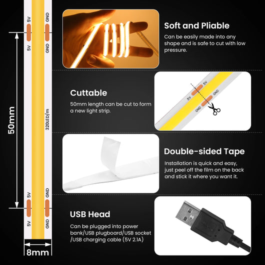 High-Density COB LED Strip Light – 3mm / 5mm, 12V–24V Dimmable