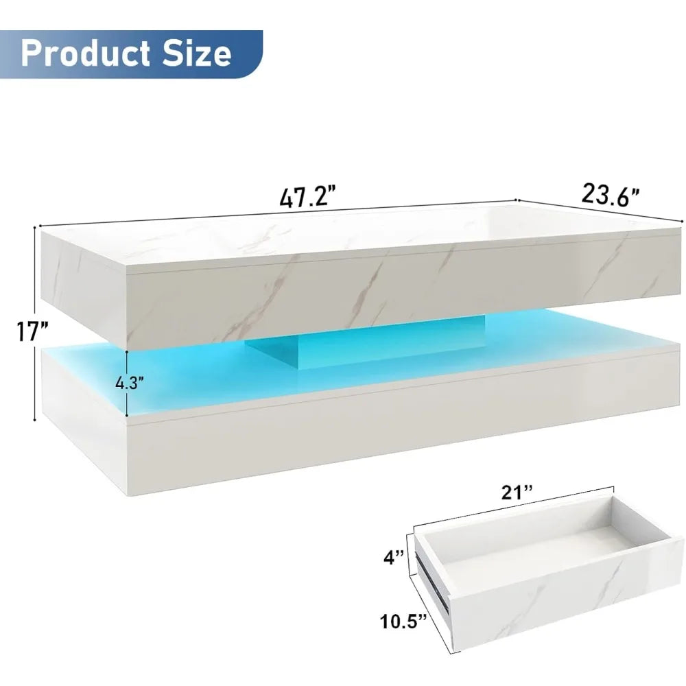 Modern High Gloss White LED Coffee Table with Storage Drawers and Multicolor Lighting