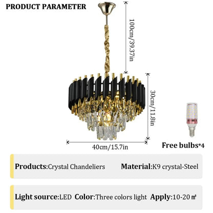 A modern crystal LED chandelier featuring a 3-story design, premium stainless steel accents, and bright ambient illumination for stylish residential or commercial spaces.