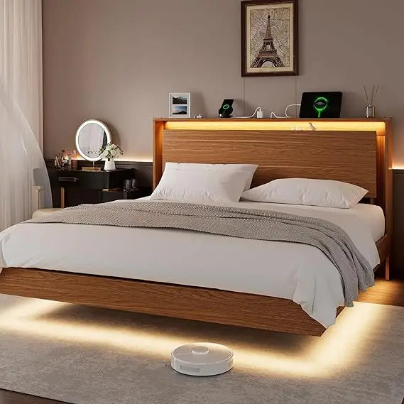 Luxury King-Size Wood Bed Frame with LED Lighting and Built-In Charging Station, featuring Storage Headboard and No-Screw Slats