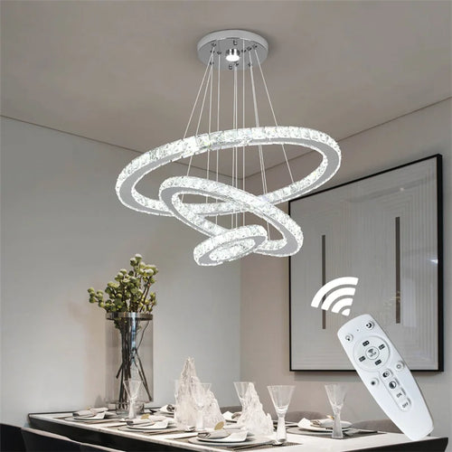 Modern Crystal Rings LED Chandelier Indoor Luxury Ceiling Lamp Dimming &amp; Remote Control Pendant Lighting Chrome Lustre Fixtures