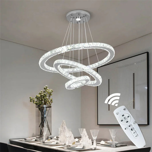 Modern Crystal Rings LED Chandelier Indoor Luxury Ceiling Lamp Dimming &amp; Remote Control Pendant Lighting Chrome Lustre Fixtures