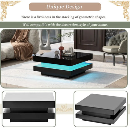 ONTREND High Gloss Minimalist Design with LED Lights 2-Tier Square Coffee Table Center Table for Living Room 31.5''x31.5''x14.2