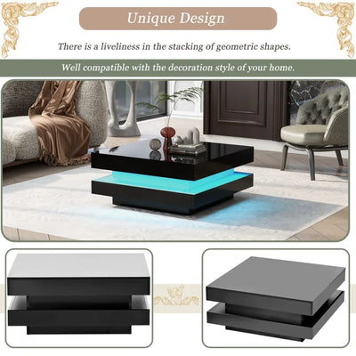 ONTREND LED Coffee Table – High Gloss 2-Tier Square Center Table