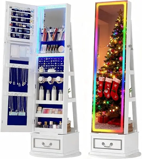 LED Full Length Mirror Jewelry Cabinet – RGB Lighted Lockable Organizer