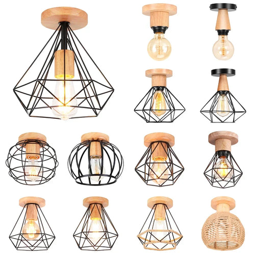 Modern Japanese Style Wood & Iron Ceiling Light – Vintage Cage Design