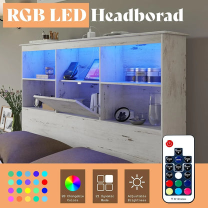 Large wooden platform bed with 51.2-inch LED storage bookshelf headboard, 4 storage drawers, and charging station/white